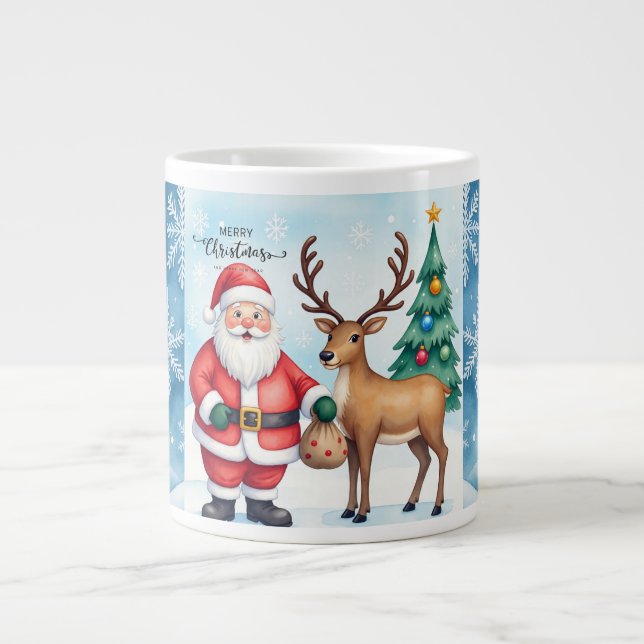 Santa Claus and Reindeer, Merry Christmas Giant Coffee Mug (Front)