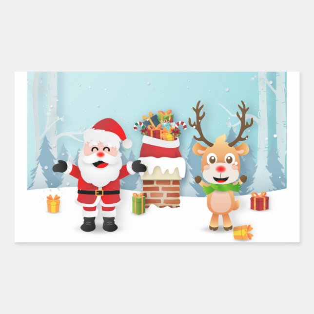 Santa Claus And Reindeer Rectangular Sticker (Front)