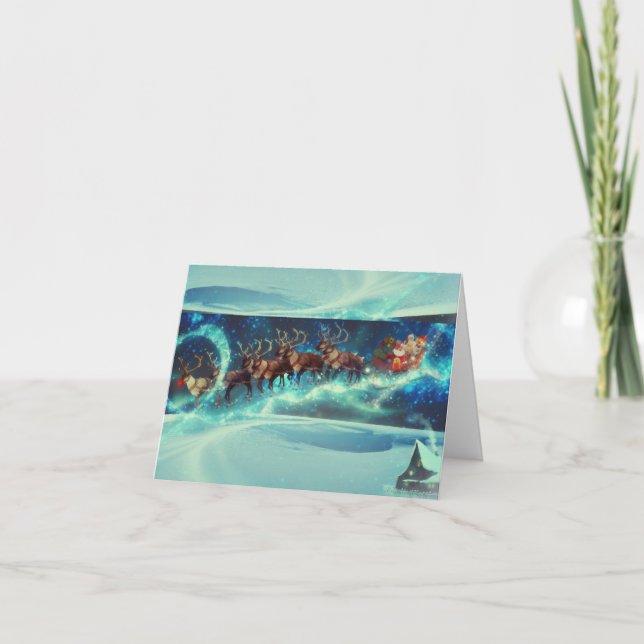 Santa Claus and Reindeer Sleigh Christmas Holiday Card (Front)