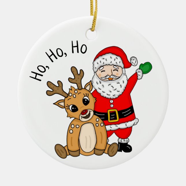 Santa Claus and Reindeer Snowflakes Christmas Ceramic Ornament (Front)