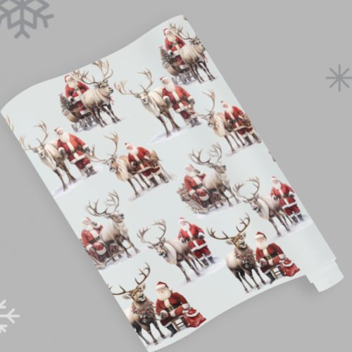 Santa Claus and Reindeer Watercolor Christmas Wrapping Paper