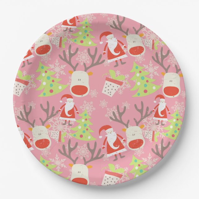 Santa Claus and Reindeer with Christmas Tree Paper Plates (Front)