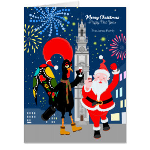 Santa Claus and Rooster toast to the New Year Card
