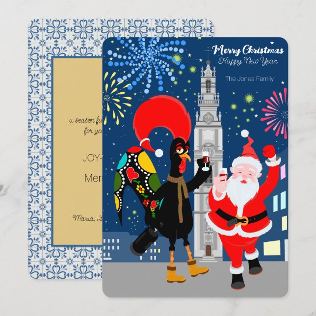 Santa Claus and Rooster toast to the New Year Card (Front/Back)