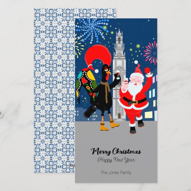 Santa Claus and Rooster toast to the New Year Holiday Card (Front/Back)