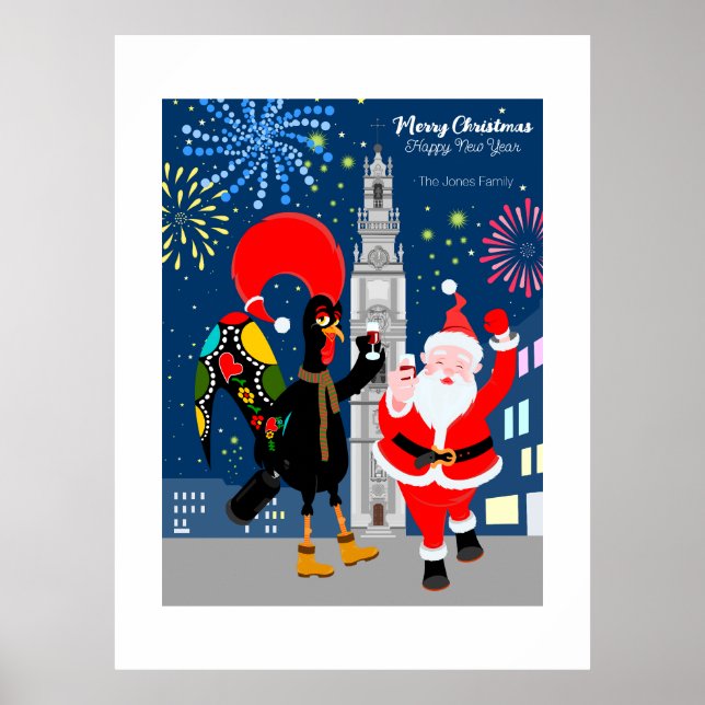 Santa Claus and Rooster toast to the New Year Poster (Front)