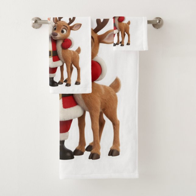 Santa Claus and Rudolph Cartoon Bath Towel Set (Insitu)