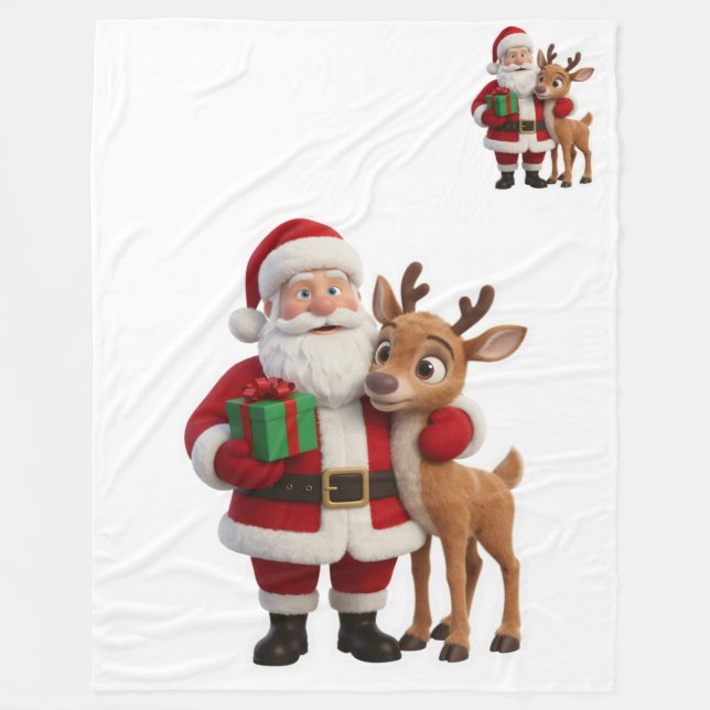 Santa Claus and Rudolph Cartoon Fleece Blanket (Front)