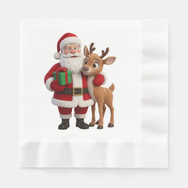 Santa Claus and Rudolph Cartoon Napkins (Front)