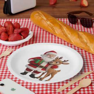 Santa Claus and Rudolph Cartoon Paper Plates