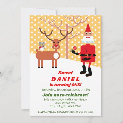  Santa Claus and Rudolph First Birthday Party  Invitation