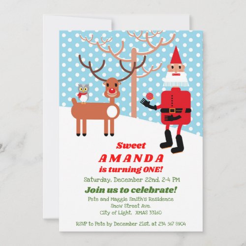 Santa Claus and Rudolph First Birthday Party Invitation
