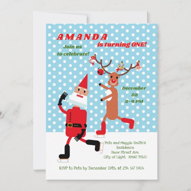 Santa Claus and Rudolph skating First Birthday  Invitation (Front)