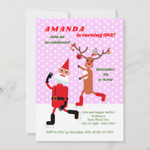 Santa Claus and Rudolph skating First Birthday Invitation