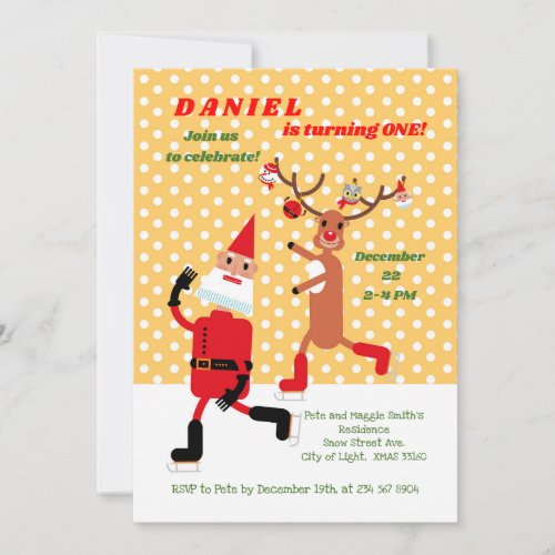 Santa Claus and Rudolph skating First Birthday  Invitation