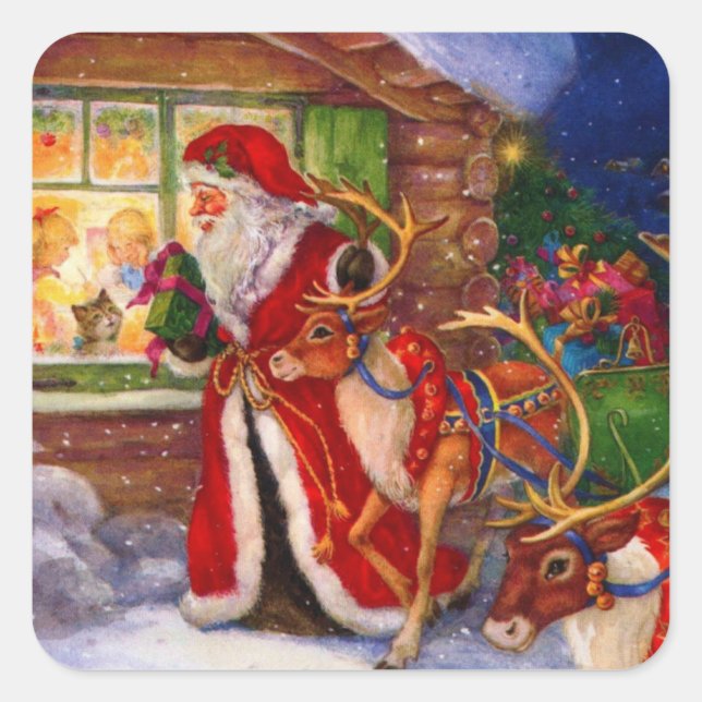 Santa claus and rudolph square sticker (Front)