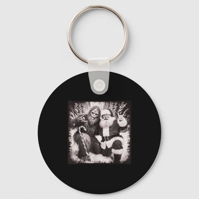 Santa Claus And Sasquatch Bigfoot Funny Joyful Sno Keychain (Front)