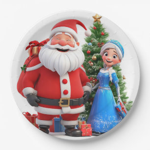 Santa Claus and Snow Maiden Celebrating Christmas Paper Plates