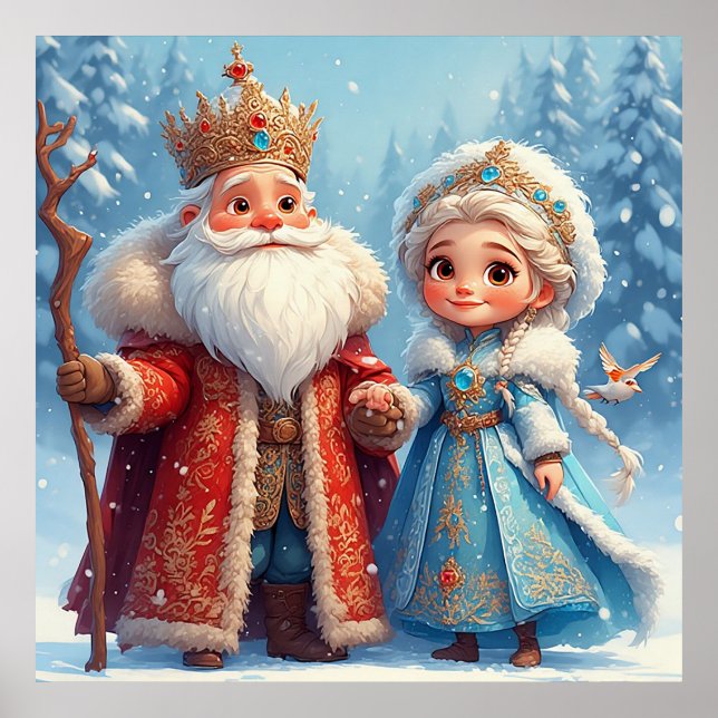 Santa Claus and Snow Maiden Celebrating Christmas Poster (Front)