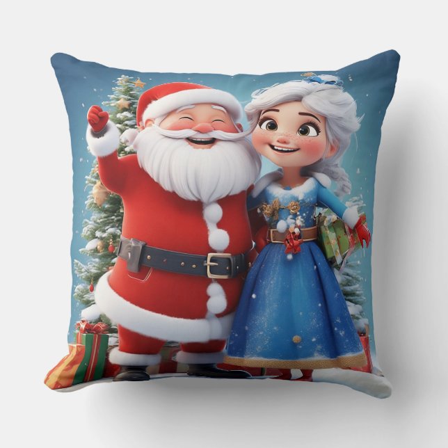 Santa Claus and Snow Maiden Celebrating Christmas Throw Pillow (Front)