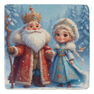 Santa Claus and Snow Maiden Celebrating Christmas Trivet