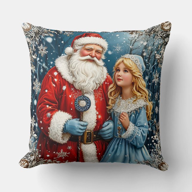 Santa Claus and Snow Mainen in a Winter Wonderland Throw Pillow (Front)
