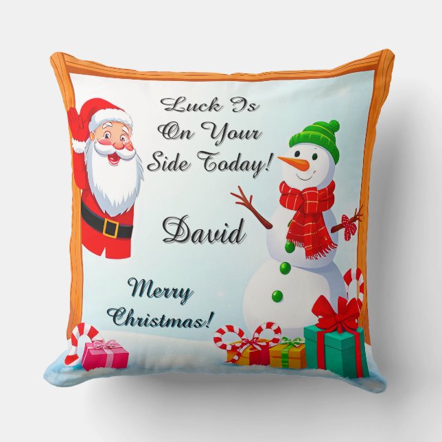 Santa Claus and Snowman Celebrate Christmas Throw Pillow (Front)