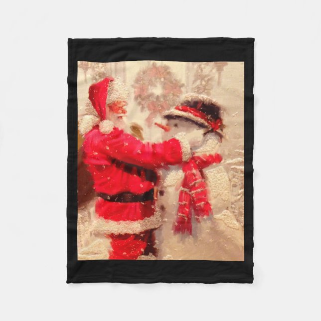 Santa Claus And Snowman In Snowfall  Fleece Blanket (Front)