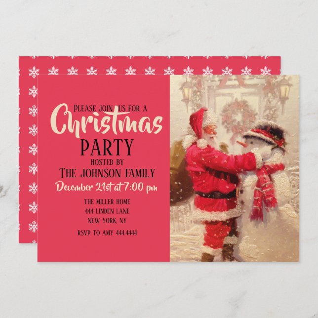Santa claus and snowman in snowfall          invitation (Front/Back)