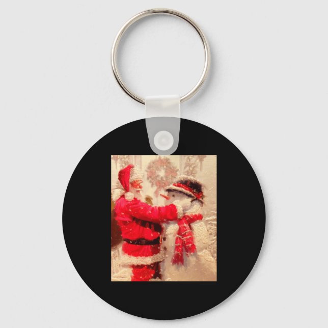 Santa Claus And Snowman In Snowfall  Keychain (Front)