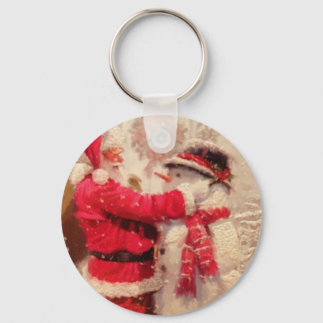 Santa claus and snowman in snowfall keychain (Front)