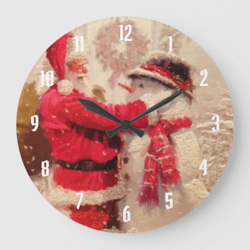 Santa claus and snowman in snowfall large clock
