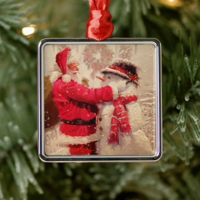 Santa claus and snowman in snowfall metal ornament (Tree)