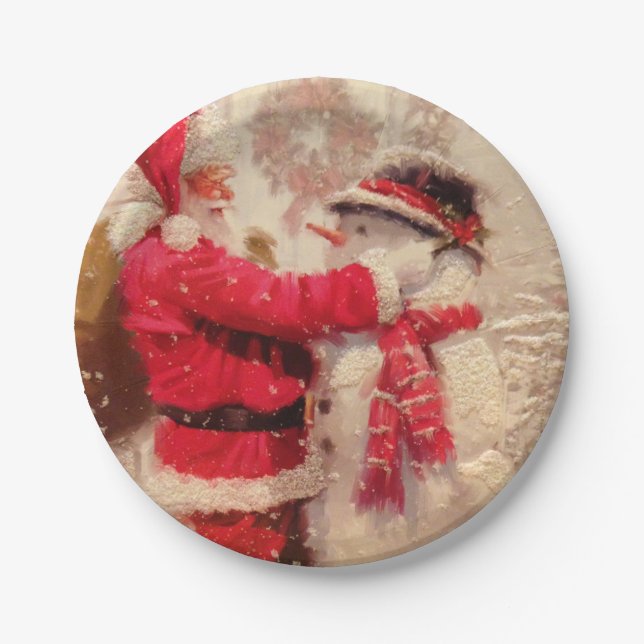 Santa claus and snowman in snowfall paper plates (Front)