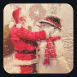 Santa claus and snowman in snowfall square sticker<br><div class="desc">snowman santa claus christmas, 
cold colorful smile friends , 
scarf element frozen happiness, 
joy cheerful snowflake fun, 
smile red hat year, 
funny new xmas season, 
gift happy winter merry, 
art painting character celebration, 
happy snowfall snow holiday, 
christmas snowman santa claus , </div>