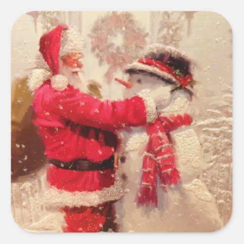 Santa claus and snowman in snowfall square sticker