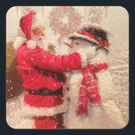 Santa claus and snowman in snowfall square sticker<br><div class="desc">snowman santa claus christmas, 
cold colorful smile friends , 
scarf element frozen happiness, 
joy cheerful snowflake fun, 
smile red hat year, 
funny new xmas season, 
gift happy winter merry, 
art painting character celebration, 
happy snowfall snow holiday, 
christmas snowman santa claus , </div>