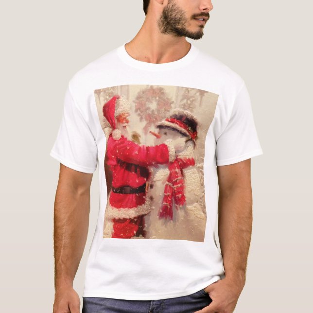 Santa claus and snowman in snowfall T-Shirt (Front)