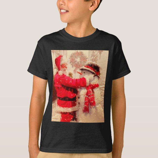 Santa Claus And Snowman In Snowfall  T-Shirt (Front)