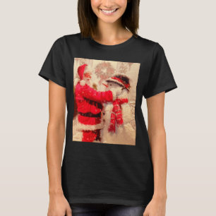 Santa Claus And Snowman In Snowfall  T-Shirt