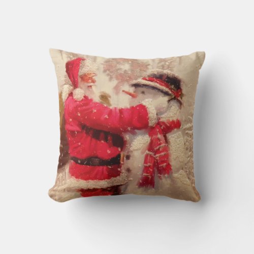 Santa claus and snowman in snowfall throw pillow
