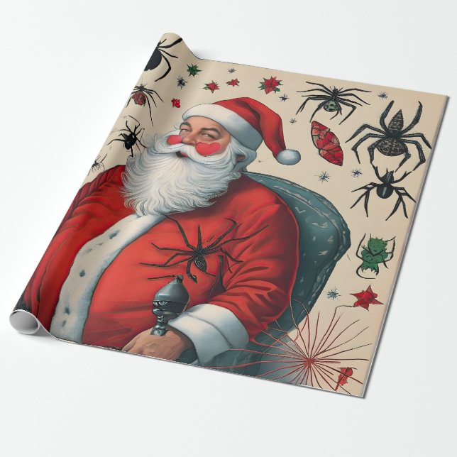 Santa Claus and Spiders Wrapping Paper (Unrolled)