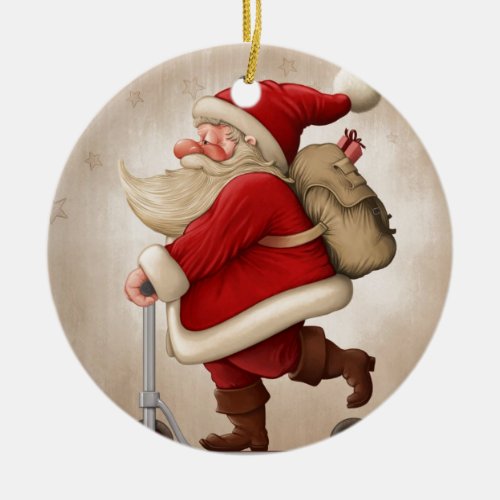 Santa Claus and the Push scooter Ceramic Ornament