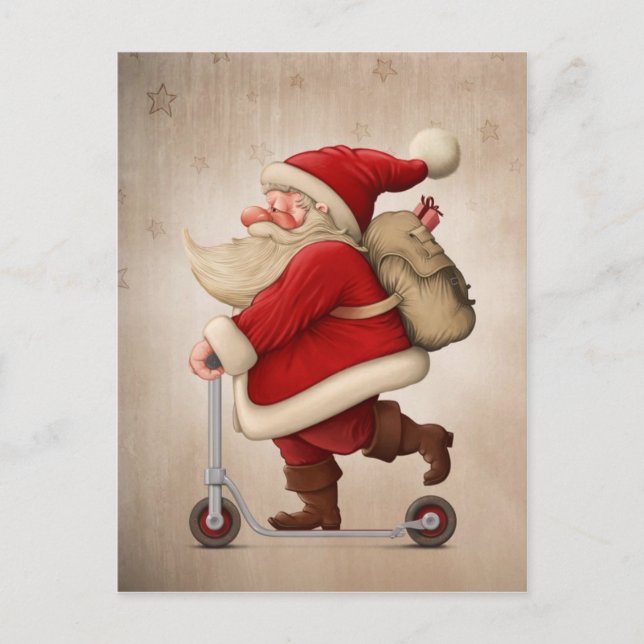 Santa Claus and the Push scooter Holiday Postcard (Front)