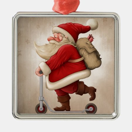 Santa Claus And The Push Scooter Metal Ornament