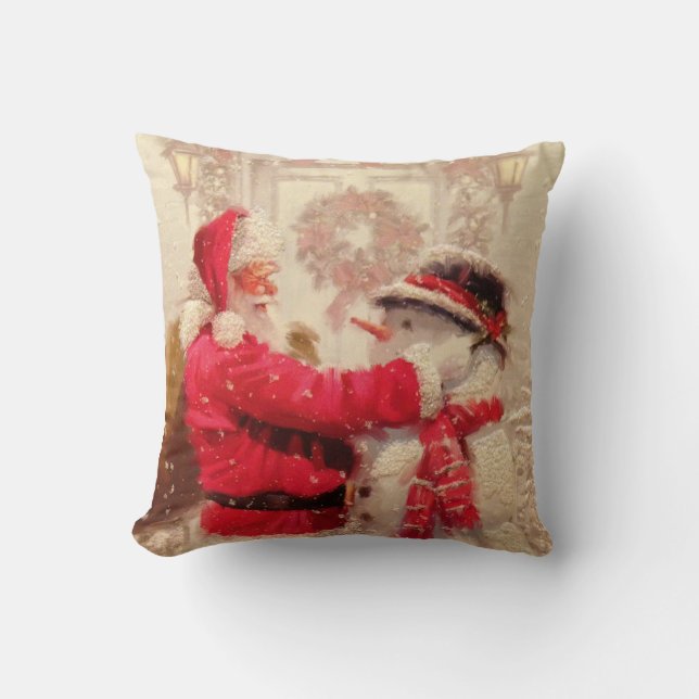 Santa Claus and The Snowman Christmas Throw Pillow (Front)