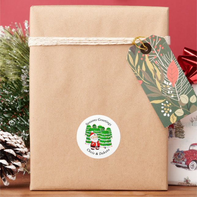 Santa Claus and Trees Christmas Classic Round Sticker (Holiday)