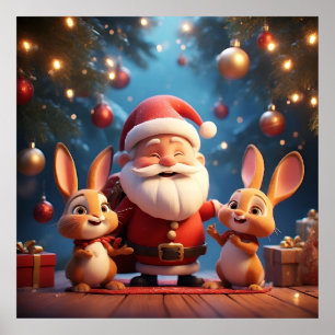 Santa Claus and Two Cheerful Rabbits Poster