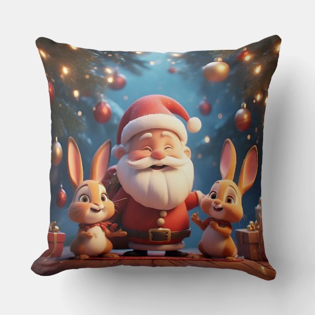 Santa Claus and Two Cheerful Rabbits Throw Pillow (Front)