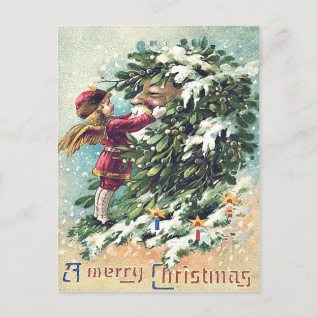 Santa Claus Angel Cherub Mistletoe Holiday Postcard (Front)